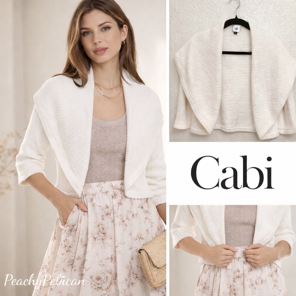 CAbi Half Circle Sweater L Chic Cropped Shawl Cardigan Minimalist Luxe